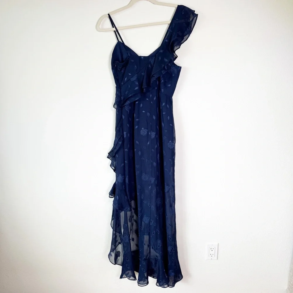 Lulus Forever‎ Be Navy Floral Jacquard Ruffled One Shoulder Maxi Dress XS